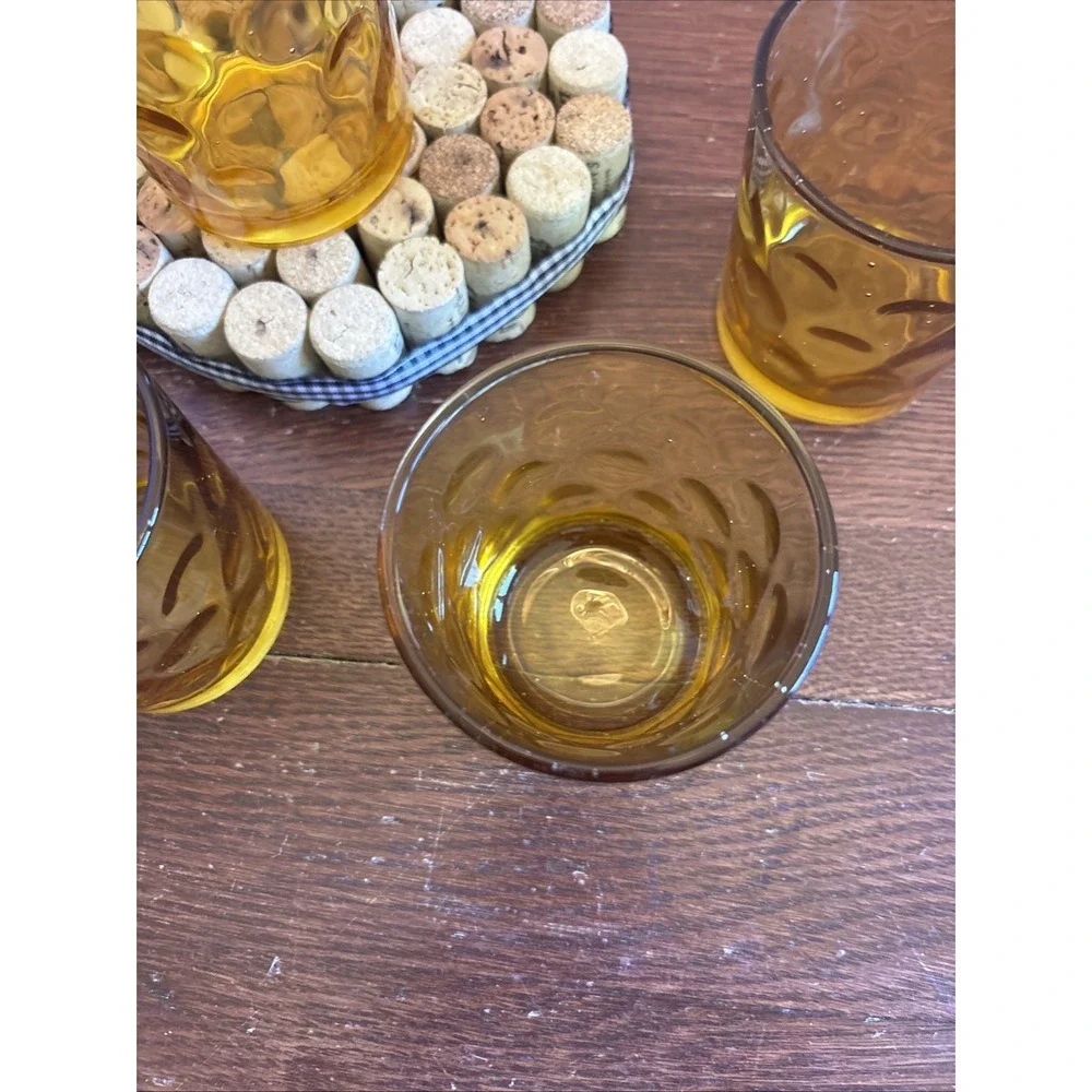 Set‎ of  4 - Vintage Hazel Atlas Eldorado Amber Coin Dot Glasses 6 OZ - 3.5 in